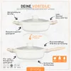 A marketing image showing a pot and pan with a lid, highlighting its features with text annotations. Produktbild-Vorschau
