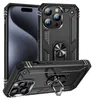 A black protective phone case with a ring holder is shown from multiple angles, with a blurred smartphone in the background.