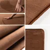 A collage of images showing a brown rug from different angles, including close-ups of the texture and a hand touching it. Anteprima dell’immagine prodotto