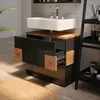 A modern bathroom vanity with a sink and open drawers, showcasing storage. Anteprima dell’immagine prodotto
