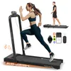 A woman is running on a treadmill, with a smaller inset image of a man walking on a similar treadmill, and a collection of smart devices and icons. Produktbild-Vorschau