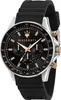 A close-up studio shot of a Maserati chronograph watch with a black dial and black rubber strap. Anteprima dell’immagine prodotto