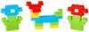 Three colorful building block creations: two flowers and a stylized animal, set against a white background. Voir les images du produit