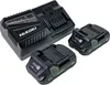 A black battery charger and two black batteries with green accents are arranged on a white background. Produktbild-Vorschau