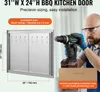 A man is installing a stainless steel BBQ kitchen door while holding a drill. Dimensions and installation instructions are shown. Náhľad obrázku produktu