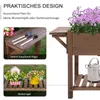 A wooden raised garden bed with flowers and gardening tools, presented with descriptive text and inset images highlighting features. Produktbild-Vorschau