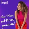 A woman is laughing and looking up, with text overlayed on a purple background. Produktbild-Vorschau