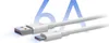 A white USB-C cable with a USB-A connector on one end and a USB-C connector on the other, set against a white background with large, faded blue numbers '6A' in the background. Produktbild-Vorschau