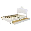 A white upholstered bed frame with a crown-shaped headboard featuring LED lighting, shown with two pull-out drawers underneath. The bed frame is set against a plain white background. Náhľad obrázku produktu