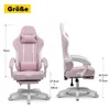Two views of a pink and white gaming chair with dimensions indicated by lines and text. Náhled obrázku produktu