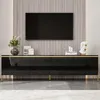 A black TV stand with gold accents and legs, in a modern living room setting with a TV mounted on a slatted wall. Anteprima dell’immagine prodotto