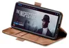 A brown flip cover phone case holding a smartphone displaying a movie poster. Produktbild-Vorschau