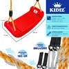 A red swing seat with dimensions and feature callouts. Produktbild-Vorschau