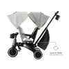 A product image of a gray and black Kinderkraft Jazz 2 foldable trike-trike, shown from the side with a graphic overlay indicating a feature. Voir les images du produit