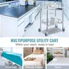 A multi-panel image showcasing a stainless steel utility cart in a laboratory setting, with additional panels illustrating its use in hospitals, beauty salons, and spas. Produktbild-Vorschau