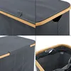 A collage of four close-up images of a dark gray laundry basket with a bamboo trim. Náhled obrázku produktu