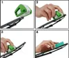 Four-panel image showing the steps to use a car windshield wiper repair tool. Produktbild-Vorschau