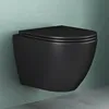 A black wall-mounted toilet against a light green textured wall and a gray floor. Produktbild-Vorschau