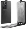 A black flip case for a Samsung Galaxy S21 Ultra 5G phone is shown from two angles, with the phone inside the case and the case open. Produktbild-Vorschau
