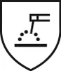 A shield-shaped graphic with a black outline on a white background. Inside the shield, there is a black line drawing depicting a mechanism dropping small circles onto a surface. Produktbild-Vorschau