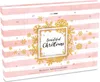 A Christmas advent calendar with pink and white stripes, decorated with gold snowflakes and a central square featuring the text 'Beautiful Christmas'. Produktbild-Vorschau