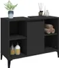 A black bathroom vanity cabinet with shelves and a sliding door, decorated with a plant, diffuser, and bottles. Náhľad obrázku produktu