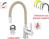 A kitchen faucet with a flexible beige hose and chrome base, shown with various accessories and text overlays. Produktbild-Vorschau