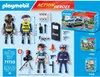 Playmobil Action Heroes police figures and accessories, including a police car box, and other Playmobil sets. Produktbild-Vorschau