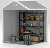 Interior view of a storage shed filled with various items on shelves, including tools, containers, and gardening equipment. Produktbild-Vorschau
