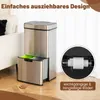 A stainless steel trash can with a pull-out drawer is shown in a room with a couch in the background. A close-up inset shows the wheels of the trash can. Podgląd zdjęcia produktu