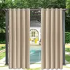 Outdoor curtains hanging in front of a pergola, with a swimming pool and a house visible in the background. Produktbild-Vorschau