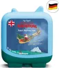 A light blue toy-like object with a green base, featuring a Christmas-themed illustration on its front. The illustration depicts Santa Claus in a sleigh pulled by a reindeer, with a Christmas tree. There are also flags of the UK and Germany in the top corn Náhľad obrázku produktu