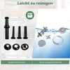 A split image showing meat grinder accessories on the left and metal parts submerged in water on the right, with text overlays. Produktbild-Vorschau