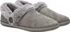 A pair of gray women's slippers with faux fur trim and a decorative button. Produktbild-Vorschau