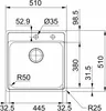 Technical drawing of a sink with dimensions and specifications. Produktbild-Vorschau