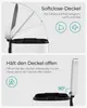 Two images showing features of a white trash can with a black lid. Produktbild-Vorschau