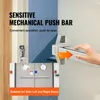A hand pushing a mechanical push bar on a door, with a smaller inset image of double doors with push bars. Podgląd zdjęcia produktu