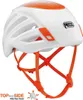 Weißer Petzl Sirocco Helm mit orangefarbenen Belüftungsöffnungen und orangefarbenem Kinnriemen Podgląd zdjęcia produktu