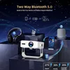 A projector is shown with various accessories like headphones and a speaker, illustrating its connectivity features. Produktbild-Vorschau