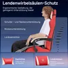 A person sitting in a red gaming chair, with text overlays highlighting the chair's features. Náhled obrázku produktu
