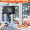 A diesel heater control panel and remote are shown in a window with a snowy outdoor scene and cars visible outside. Produktbild-Vorschau