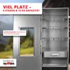 A silver smoker with its door open, showing shelves and hooks inside. The background is a blurred outdoor scene with greenery and a building. Produktbild-Vorschau