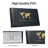 A collage of images showing a black currency album with a gold world map and text, a close-up of a dollar bill inside a transparent pocket, and a close-up of the album's cover showing water droplets. Produktbild-Vorschau