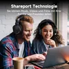 A man and a woman wearing headphones are looking at a laptop, smiling. Produktbild-Vorschau