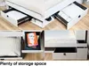 A collage of images showing the storage features of a white bed frame with drawers. Produktbild-Vorschau