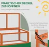 A diagram illustrating the features of a wooden and polycarbonate greenhouse, with text highlighting its practical opening lid and side support. Produktbild-Vorschau