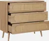 A three-drawer dresser with natural wood finish and woven cane fronts. Anteprima dell’immagine prodotto