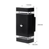A black outdoor wall light with dimensions indicated. Produktbild-Vorschau