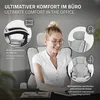 A woman is sitting in an office chair, smiling and looking at a laptop. The image highlights features of the chair with callouts and text. Produktbild-Vorschau