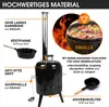A diagram illustrating the features of a black outdoor stove, with callouts and descriptive text. Produktbild-Vorschau